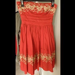 Orange Strapless Dress with Floral Embroidery